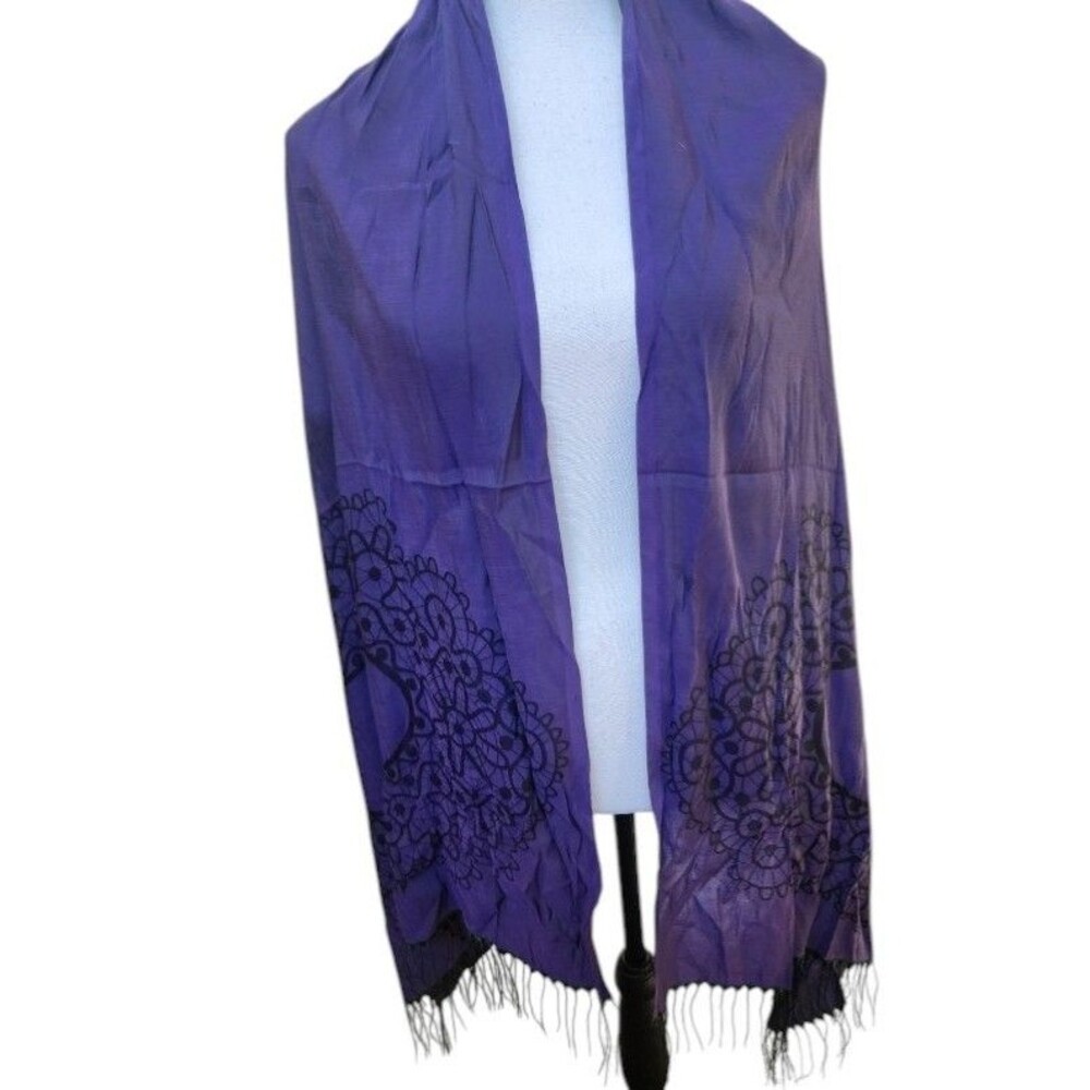 Purple Silk/Cotton Blend Embroidered Tassel Scarf Purple Boho Gypsy